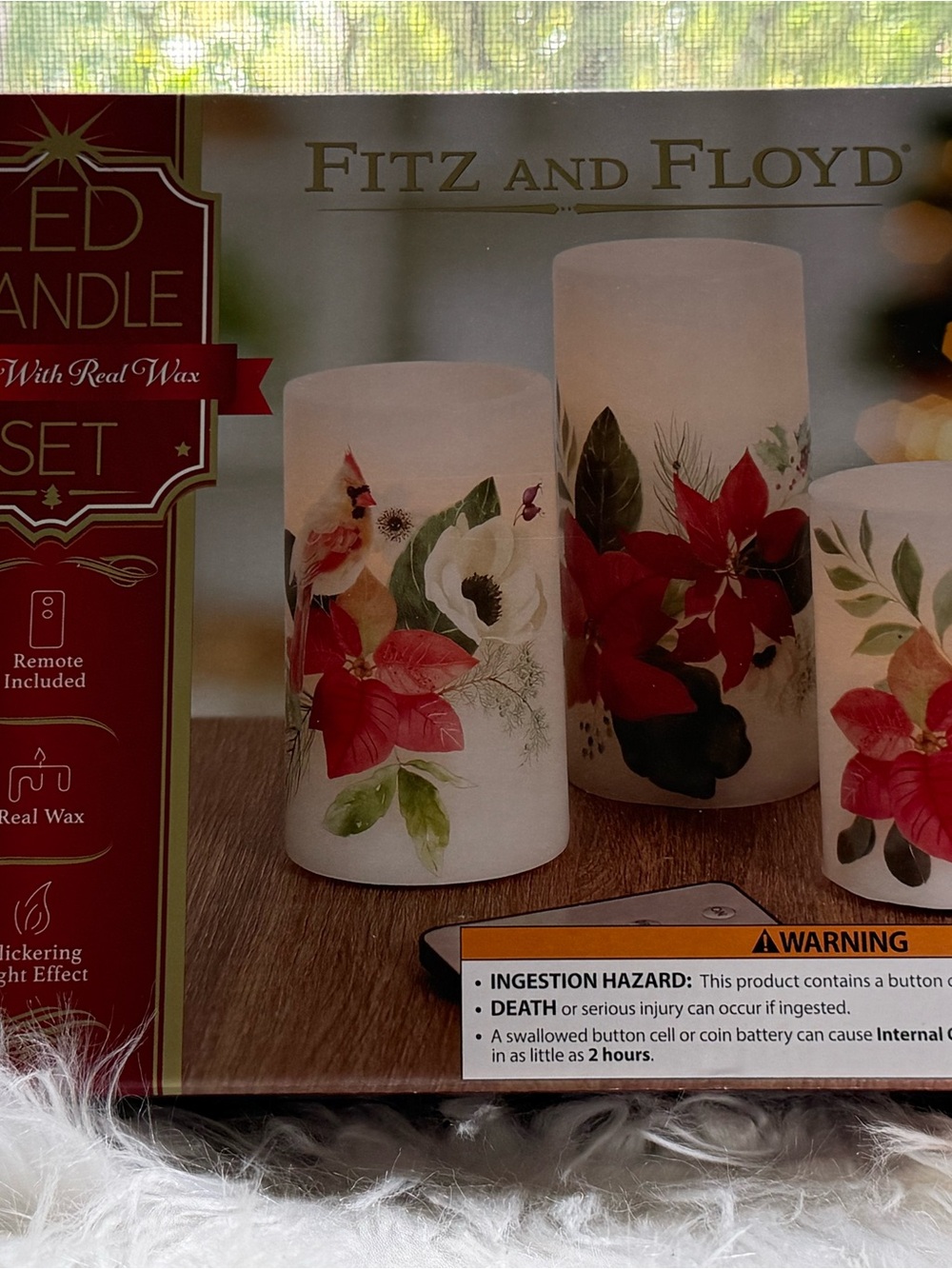 Fitz and Floyd Red and Green Floral LED Candle Trio